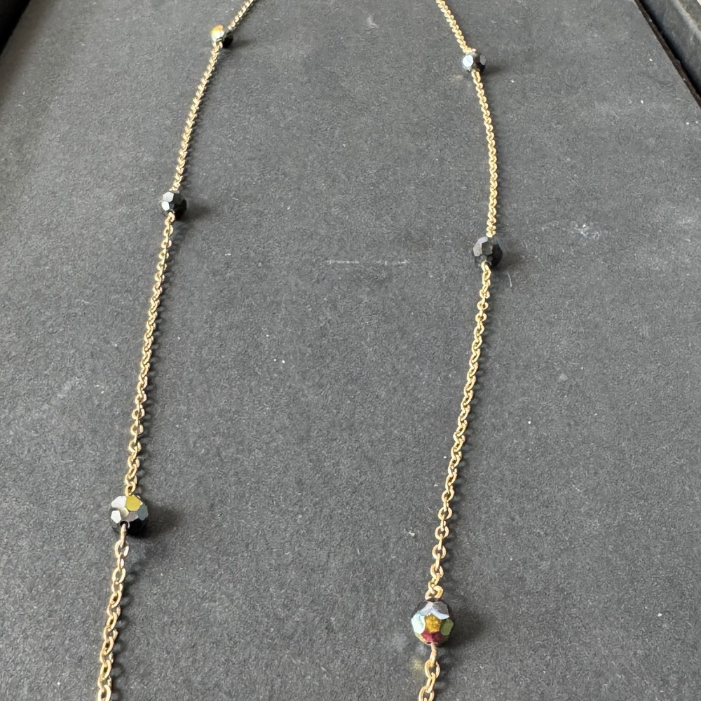 Vintage Gold Chain Necklace with Black Faceted Beads Delicate Minimalist Jewelry